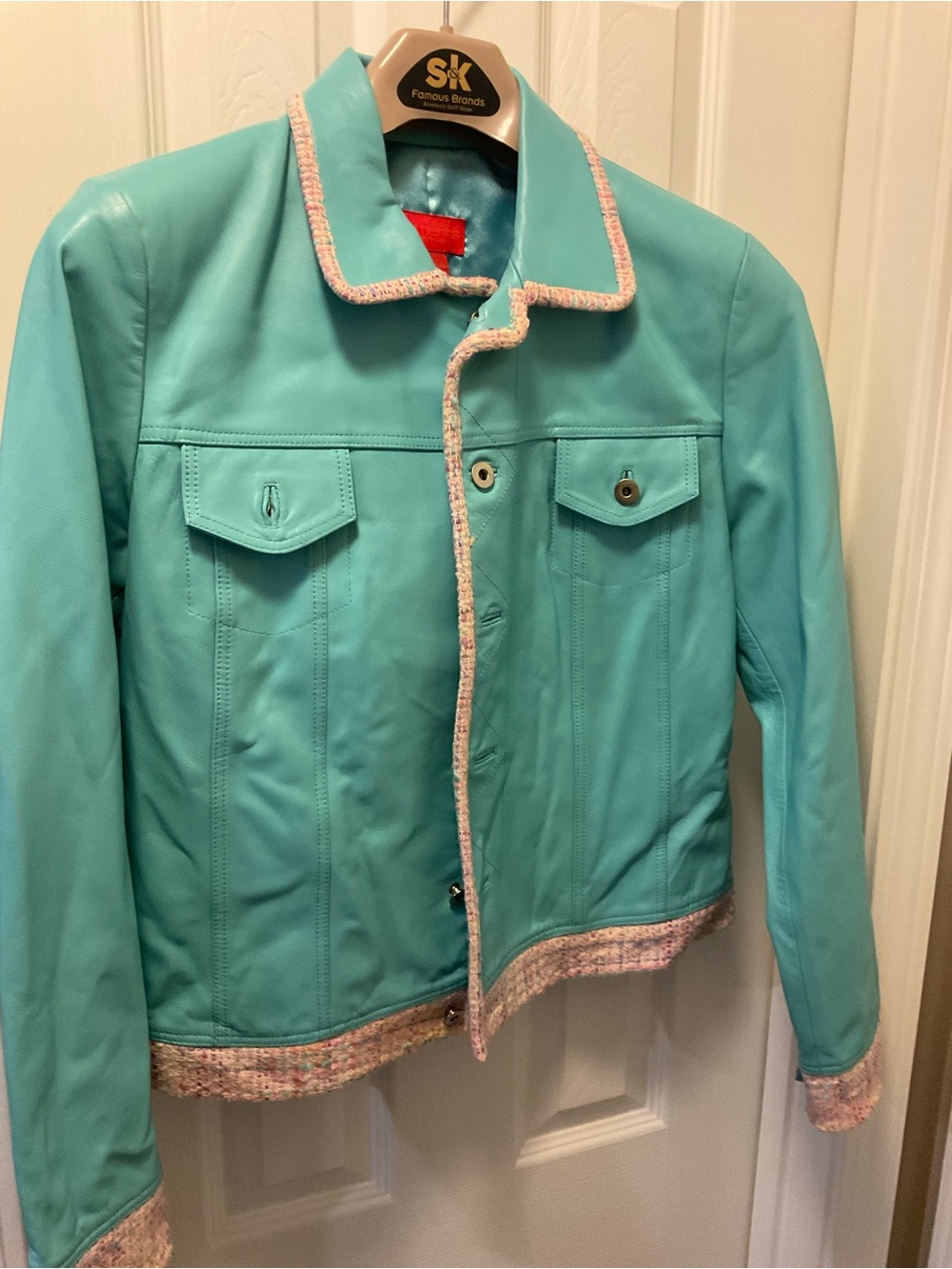 Element Turquoise Leather Jacket with Pink Trim